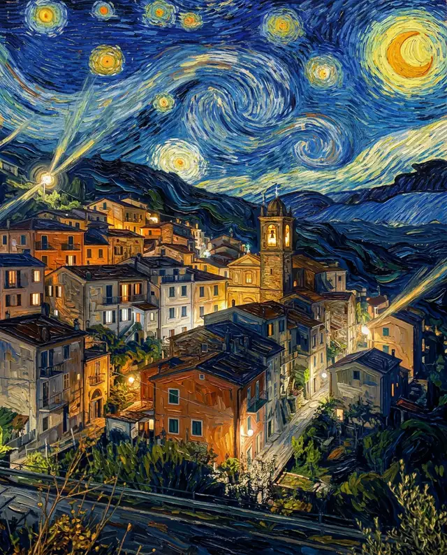 The hillside town at night painted with thick swirling strokes, a spiraling starry sky, a yellow moon and glowing windows