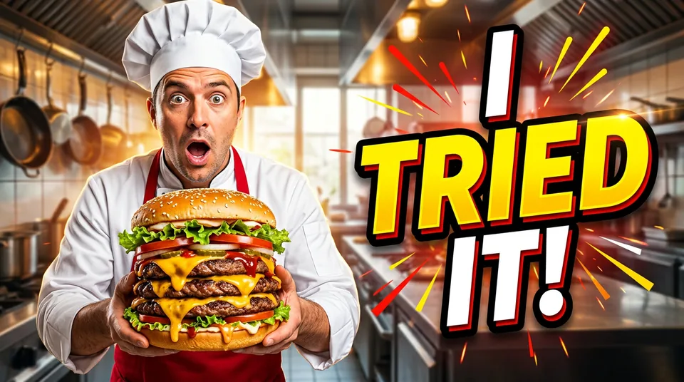 YouTube thumbnail of a surprised chef holding a giant burger next to the words I TRIED IT
