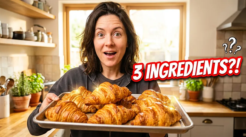 A cooking thumbnail of the woman holding a tray of croissants, looking amazed, with 3 INGREDIENTS?!
