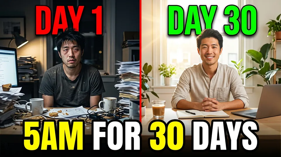 A split thumbnail of the man tired at a messy desk labeled DAY 1 and smiling at a tidy desk labeled DAY 30, with 5AM FOR 30 DAYS