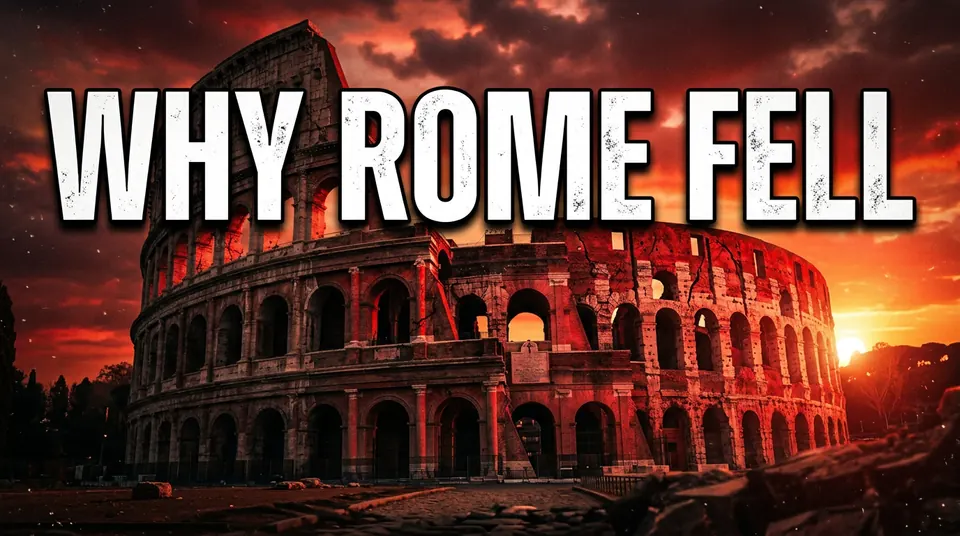 A thumbnail of the Colosseum at a red sunset with WHY ROME FELL in big white letters