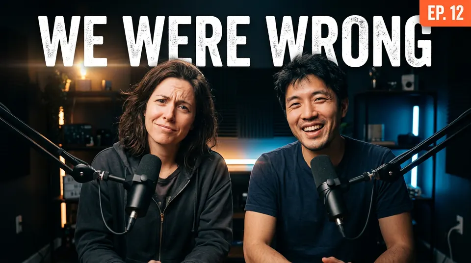 A podcast thumbnail of the woman and the man at microphones in a dark studio, with WE WERE WRONG and an EP. 12 tag