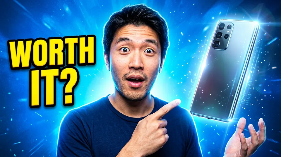 A YouTube thumbnail of the man looking surprised and pointing at a floating smartphone, with WORTH IT? in yellow