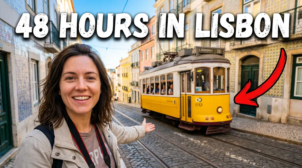 A travel vlog thumbnail of the woman on a Lisbon street with a yellow tram, a red arrow and 48 HOURS IN LISBON